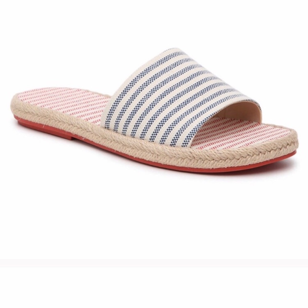 KELLY & KATIE  Blue, white red striped slides. GUC